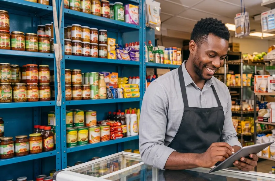 Commerçant souriant consultant sa tablette dans son magasin
